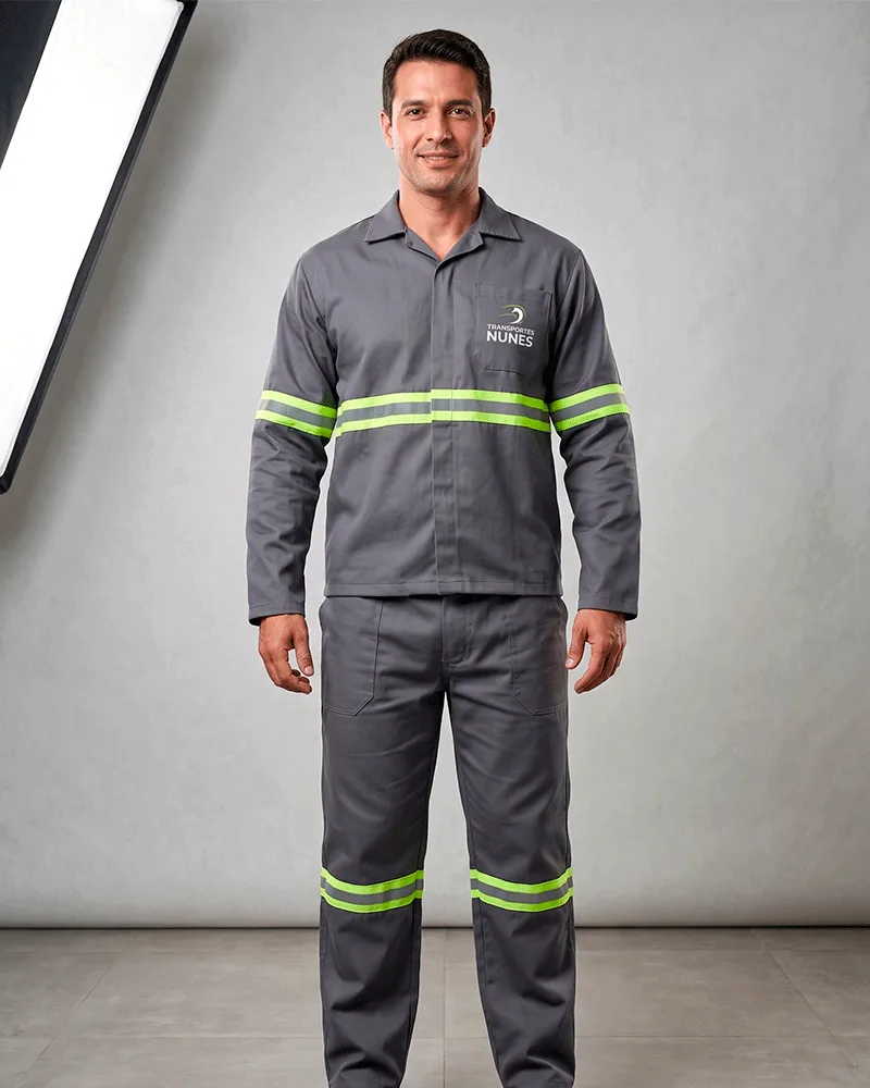 Conjunto industrial com faixas refletivas para equipe de indústria, confeccionado pela Ideal Fardamentos em Recife