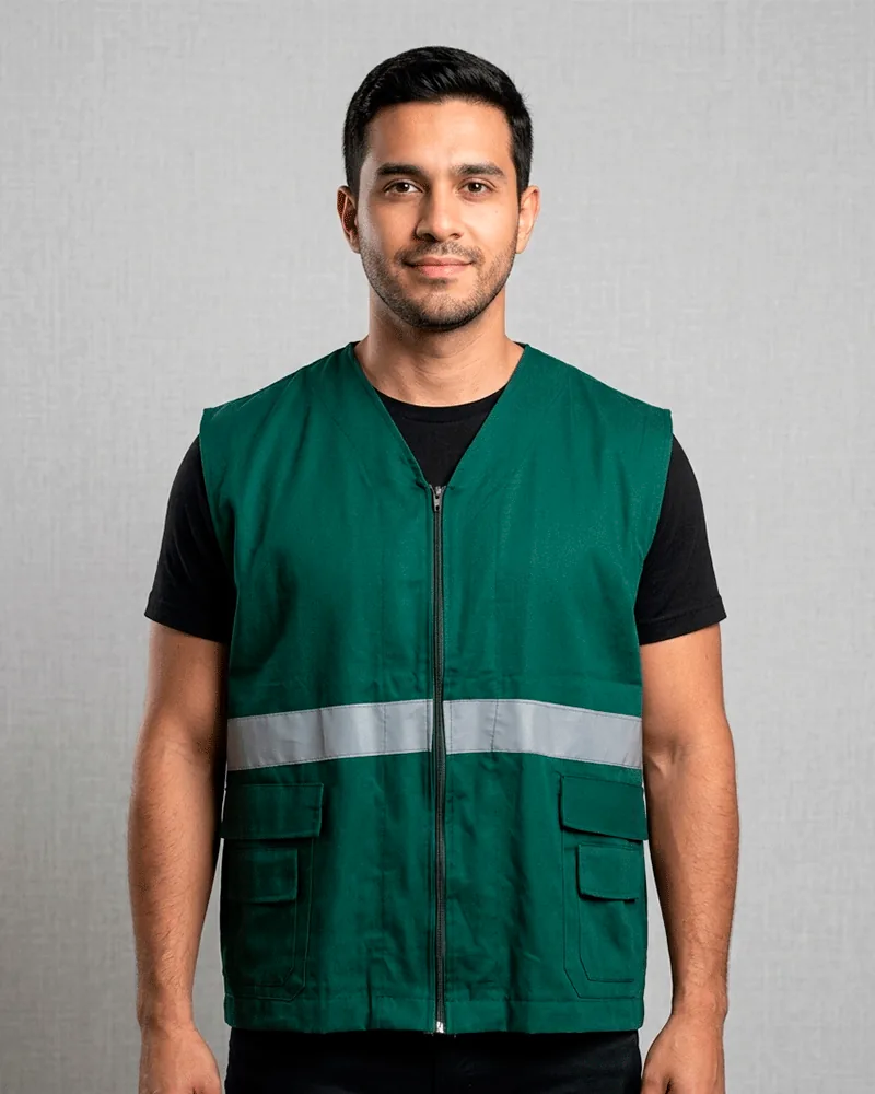 Colete verde com faixa refletiva para equipe de logística, uniforme fabricado em Recife